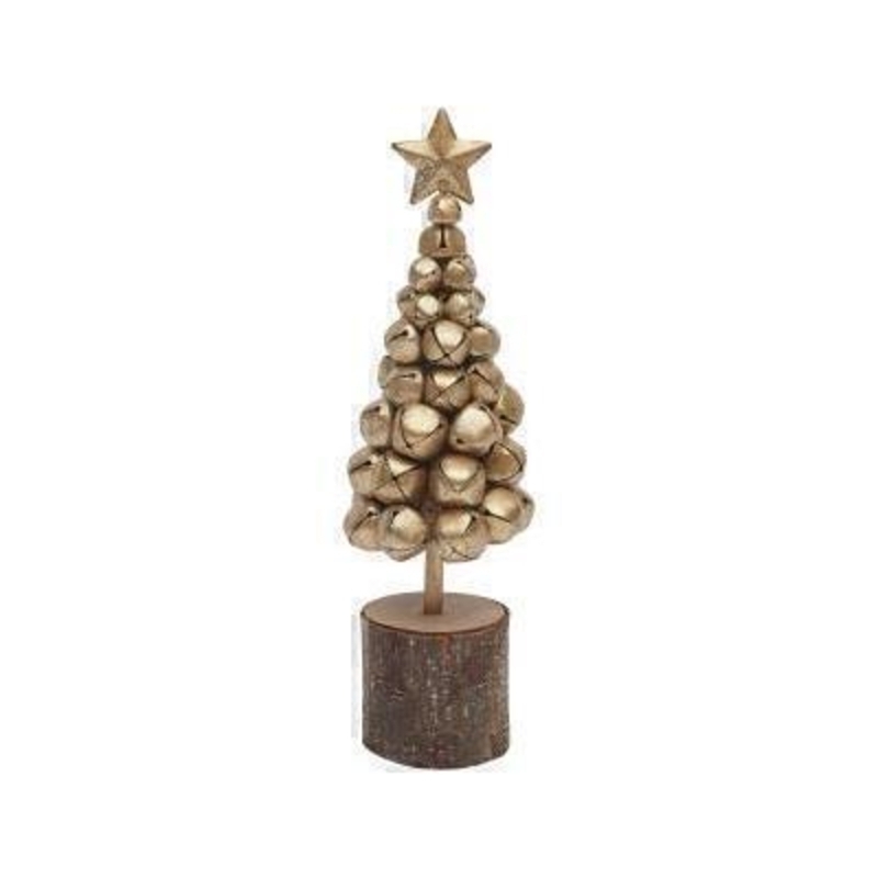 Stardust style Christmas tree with golden bells to create the tree shape and a wooden tree base complete with a golden star to top it off designed by Transomnia